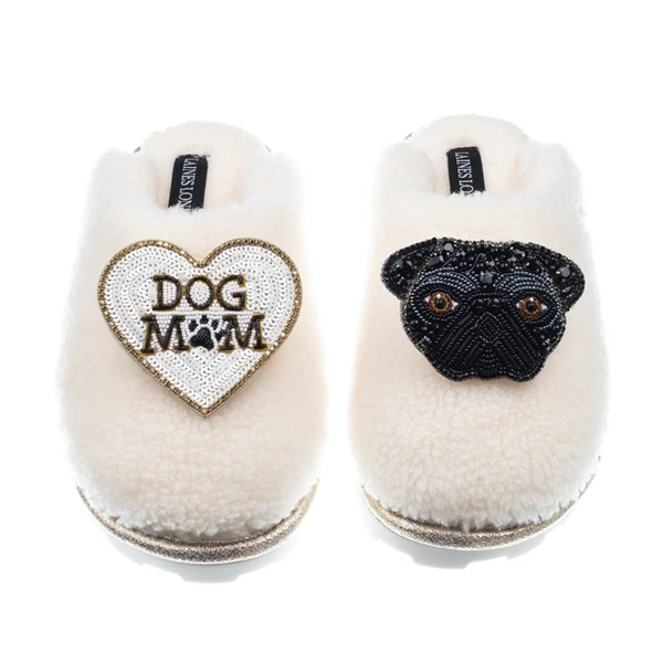 laines london Teddy Closed Toe Slippers With Snoopy Pug & Dog Mum / Mom Brooches