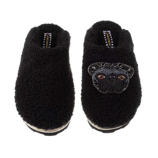 Laines London Teddy Closed Toe Slippers With Snoopy The Black Pug Brooch