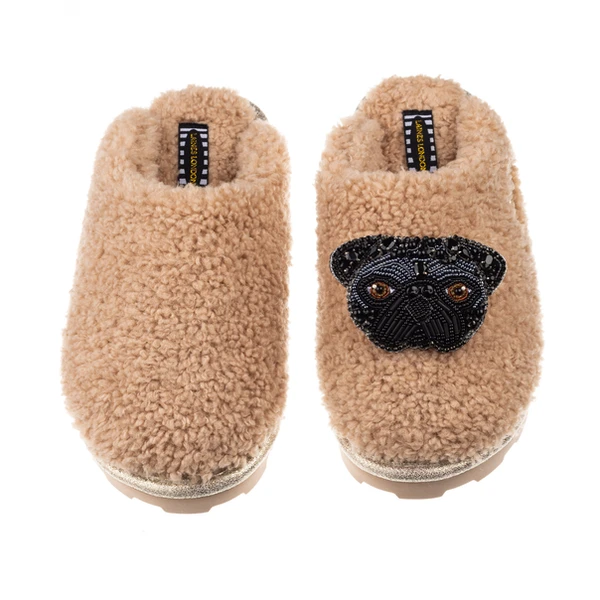 Laines London Teddy Closed Toe Slippers With Snoopy The Black Pug Brooch