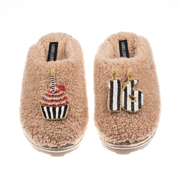Laines London Teddy Closed Toe Slippers With Stripe 16th Birthday & Cake Brooches