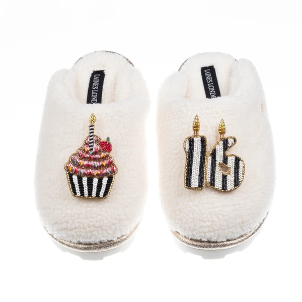 Laines London Teddy Closed Toe Slippers With Stripe 16th Birthday & Cake Brooches