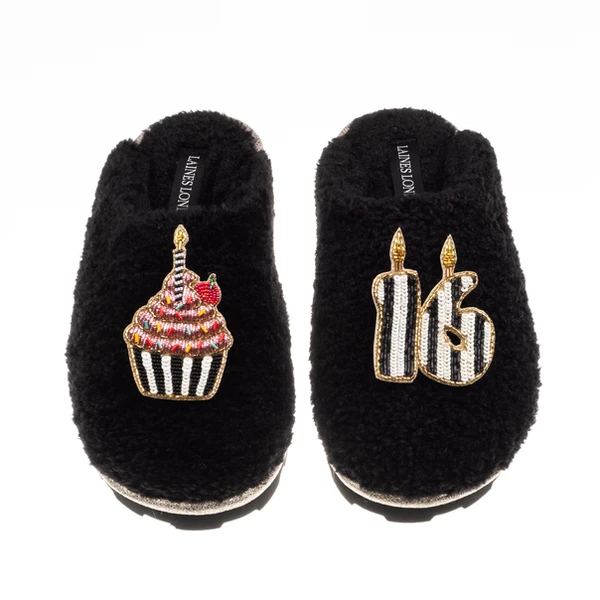 laines london Teddy Closed Toe Slippers With Stripe 16th Birthday & Cake Brooches