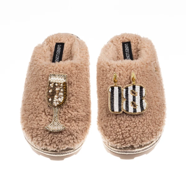 Laines London Teddy Closed Toe Slippers With Stripe 18th Birthday & Champagne Glass Brooches
