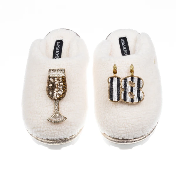 Laines London Teddy Closed Toe Slippers With Stripe 18th Birthday & Champagne Glass Brooches