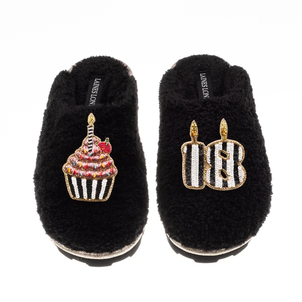 Laines London Teddy Closed Toe Slippers With Stripe 18th Birthday & Cake Brooches