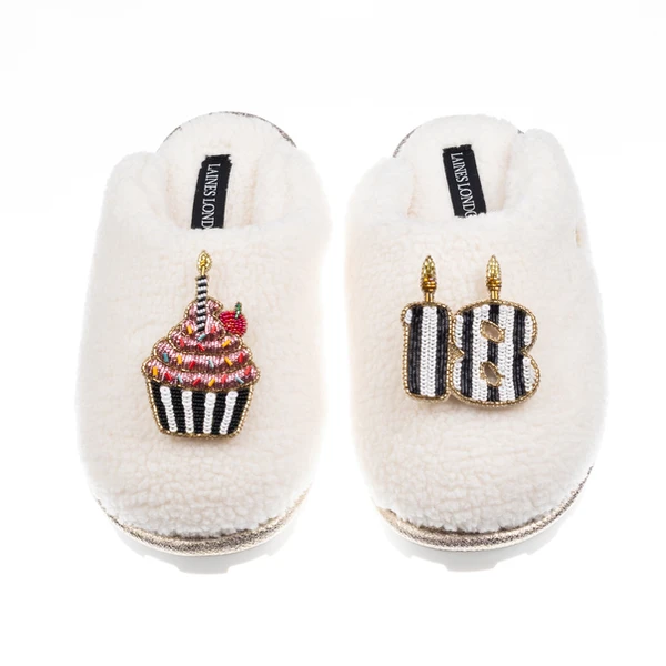 Laines London Teddy Closed Toe Slippers With Stripe 18th Birthday & Cake Brooches