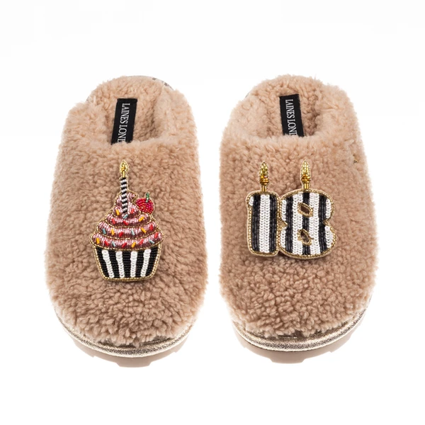 Laines London Teddy Closed Toe Slippers With Stripe 18th Birthday & Cake Brooches