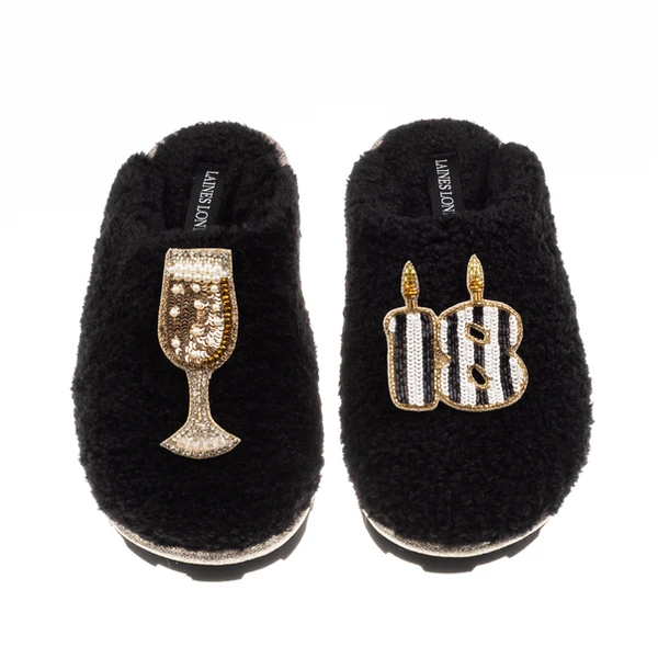 laines london Teddy Closed Toe Slippers With Stripe 18th Birthday & Champagne Glass Brooches