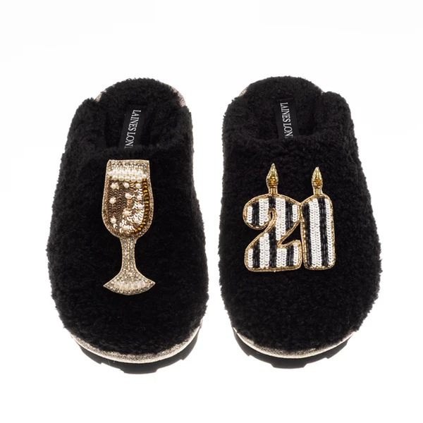 Laines London Teddy Closed Toe Slippers With Stripe 21st Birthday & Champagne Glass Brooches