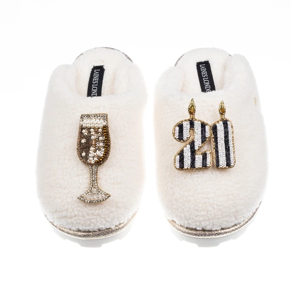 Laines London Teddy Closed Toe Slippers With Stripe 21st Birthday & Champagne Glass Brooches