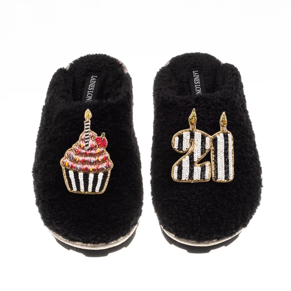 Laines London Teddy Closed Toe Slippers With Stripe 21st Birthday & Cake Brooches