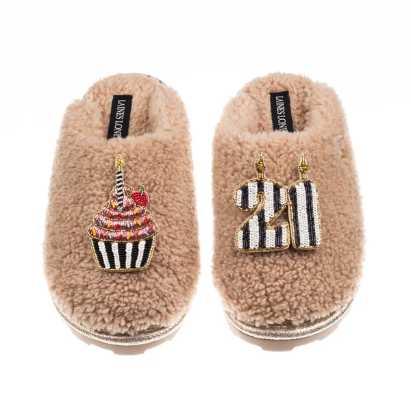 Laines London Teddy Closed Toe Slippers With Stripe 21st Birthday & Cake Brooches