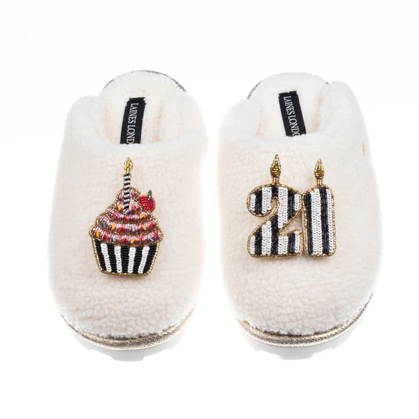 Laines London Teddy Closed Toe Slippers With Stripe 21st Birthday & Cake Brooches