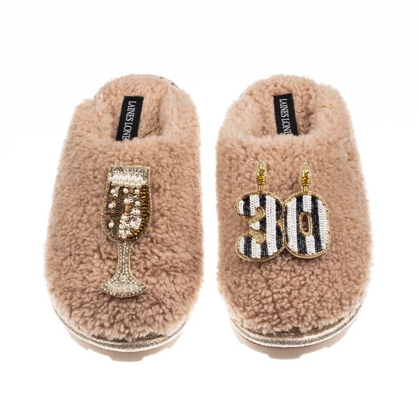 Laines London Teddy Closed Toe Slippers With Stripe 30th Birthday & Champagne Glass Brooches