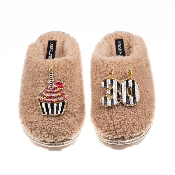 Laines London Teddy Closed Toe Slippers With Stripe 30th Birthday & Cake Brooches