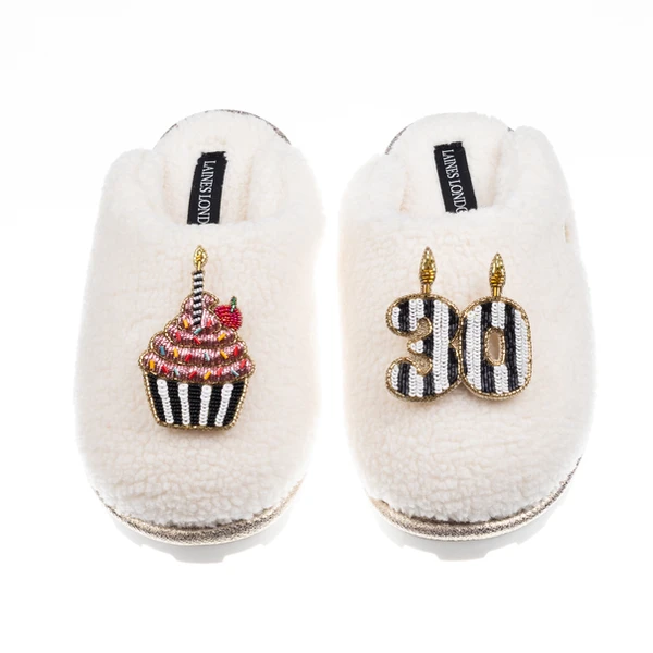 Laines London Teddy Closed Toe Slippers With Stripe 30th Birthday & Cake Brooches