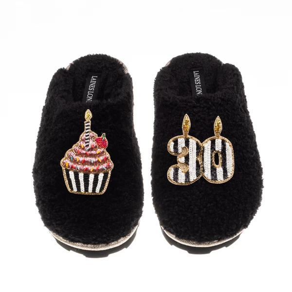 Laines London Teddy Closed Toe Slippers With Stripe 30th Birthday & Cake Brooches