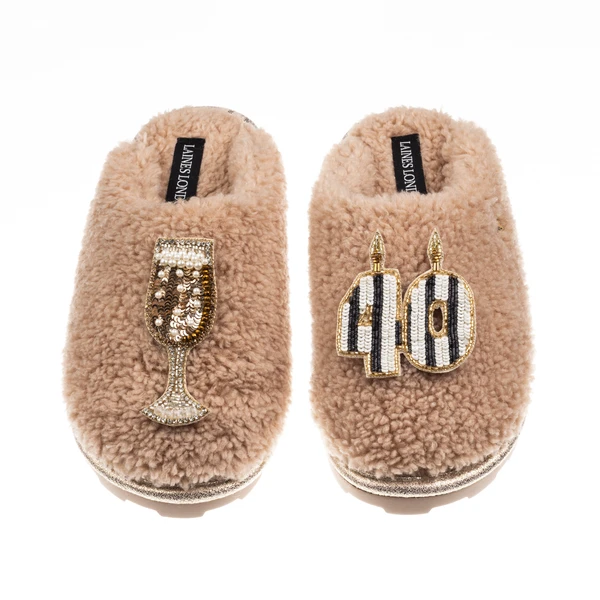 Laines London Teddy Closed Toe Slippers With Stripe 40th Birthday & Champagne Glass Brooches