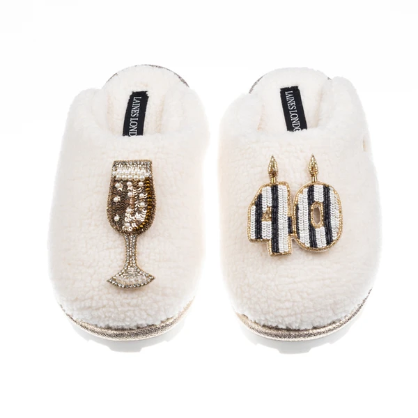 Laines London Teddy Closed Toe Slippers With Stripe 40th Birthday & Champagne Glass Brooches