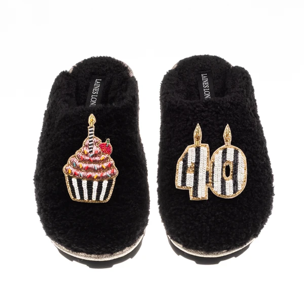 Laines London Teddy Closed Toe Slippers With Stripe 40th Birthday & Cake Brooches