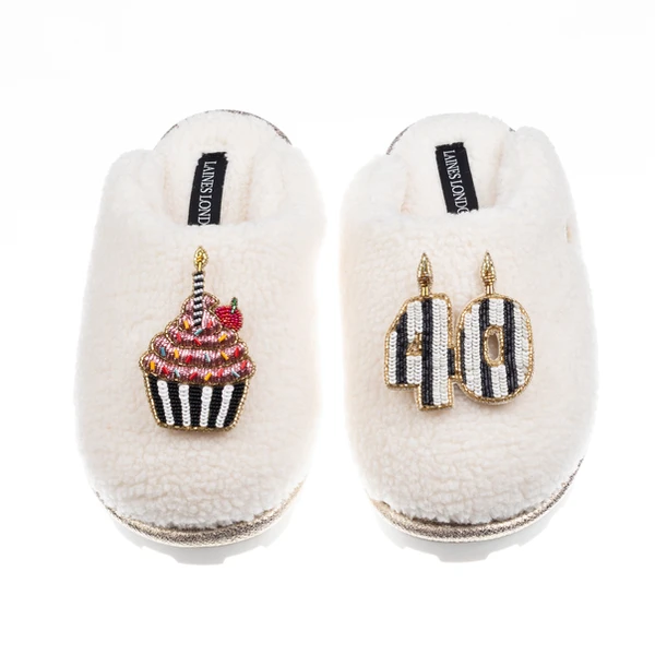 Laines London Teddy Closed Toe Slippers With Stripe 40th Birthday & Cake Brooches