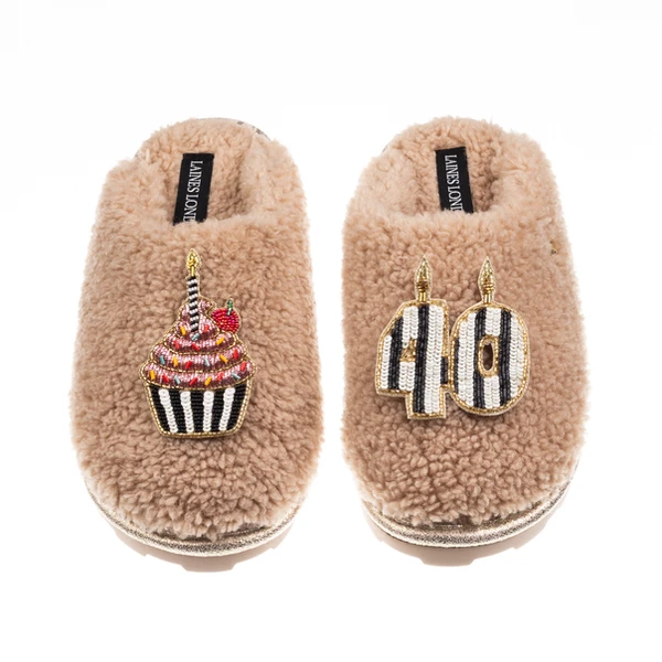 Laines London Teddy Closed Toe Slippers With Stripe 40th Birthday & Cake Brooches
