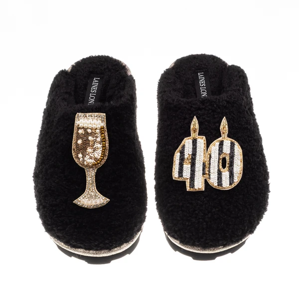 laines london Teddy Closed Toe Slippers With Stripe 40th Birthday & Champagne Glass Brooches