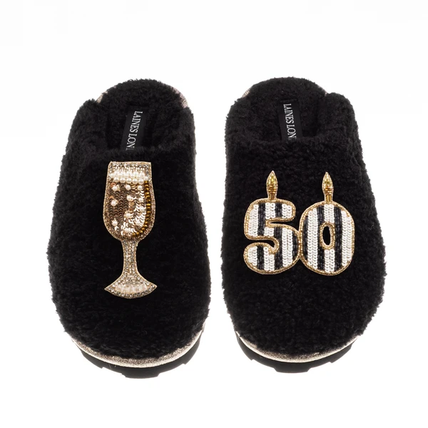 Laines London Teddy Closed Toe Slippers With Stripe 50th Birthday & Champagne Glass Brooches