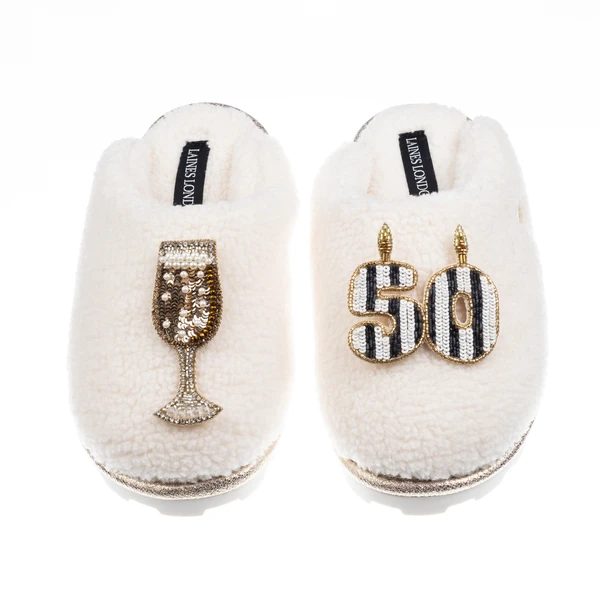 Laines London Teddy Closed Toe Slippers With Stripe 50th Birthday & Champagne Glass Brooches