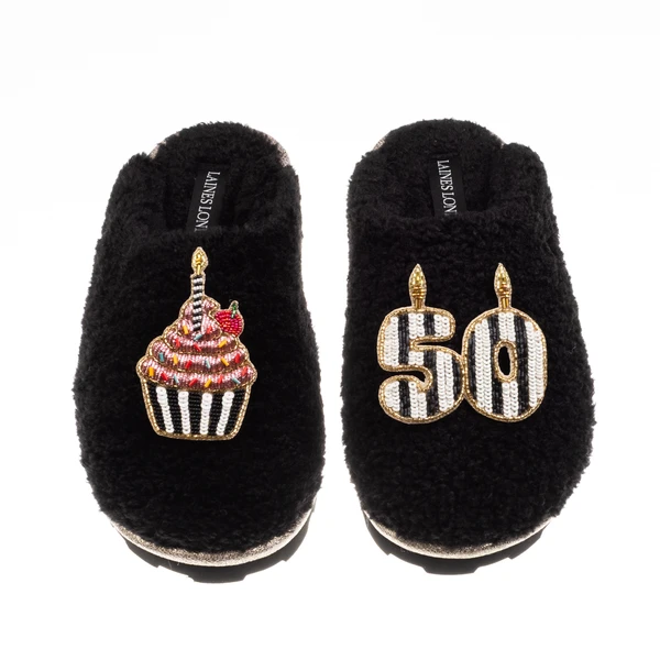 Laines London Teddy Closed Toe Slippers With Stripe 50th Birthday & Brooches