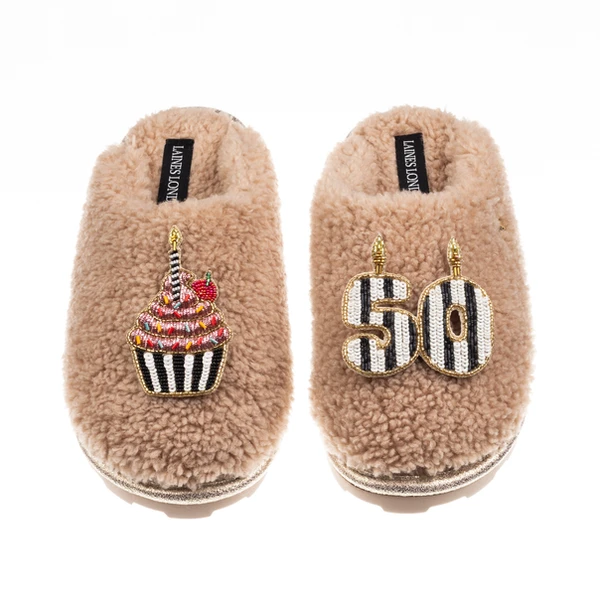 Laines London Teddy Closed Toe Slippers With Stripe 50th Birthday & Brooches