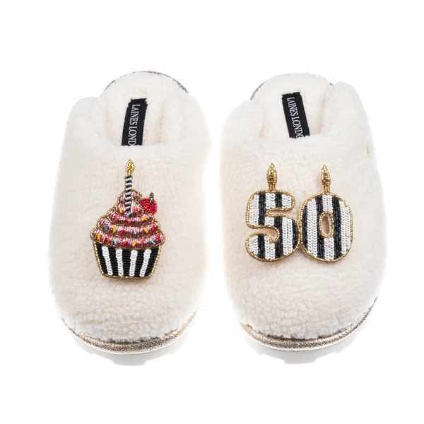 Laines London Teddy Closed Toe Slippers With Stripe 50th Birthday & Brooches