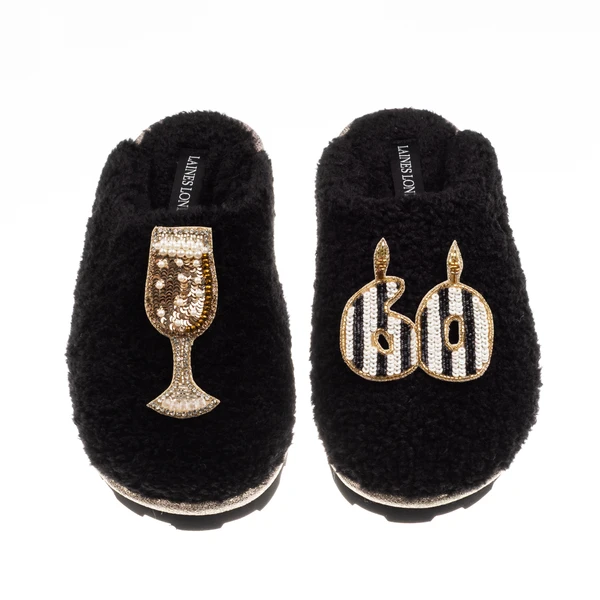 Laines London Teddy Closed Toe Slippers With Stripe 60th Birthday & Champagne Glass Brooches