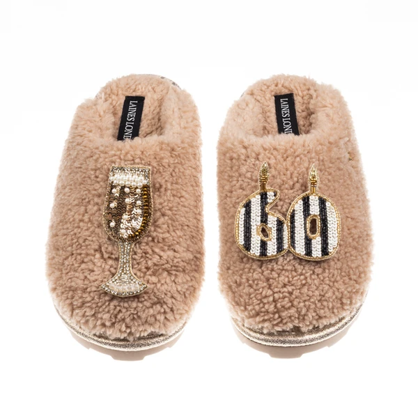 Laines London Teddy Closed Toe Slippers With Stripe 60th Birthday & Champagne Glass Brooches