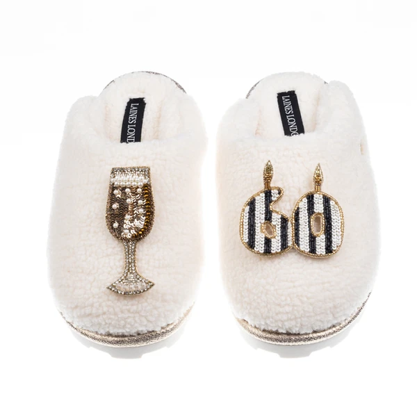 Laines London Teddy Closed Toe Slippers With Stripe 60th Birthday & Champagne Glass Brooches