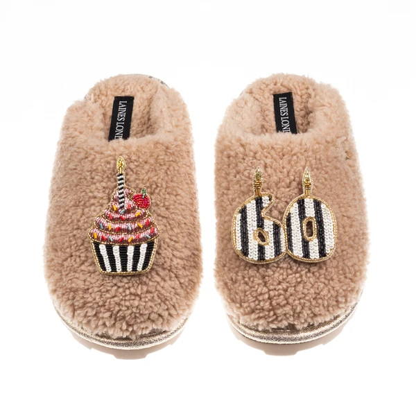 Laines London Teddy Closed Toe Slippers With Stripe 60th Birthday & Brooches