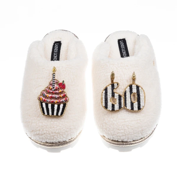Laines London Teddy Closed Toe Slippers With Stripe 60th Birthday & Brooches