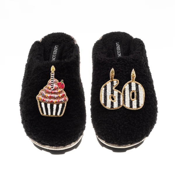 Laines London Teddy Closed Toe Slippers With Stripe 60th Birthday & Brooches
