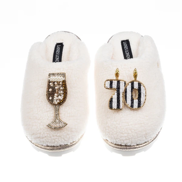Laines London Teddy Closed Toe Slippers With Stripe 70th Birthday & Champagne Glass Brooches