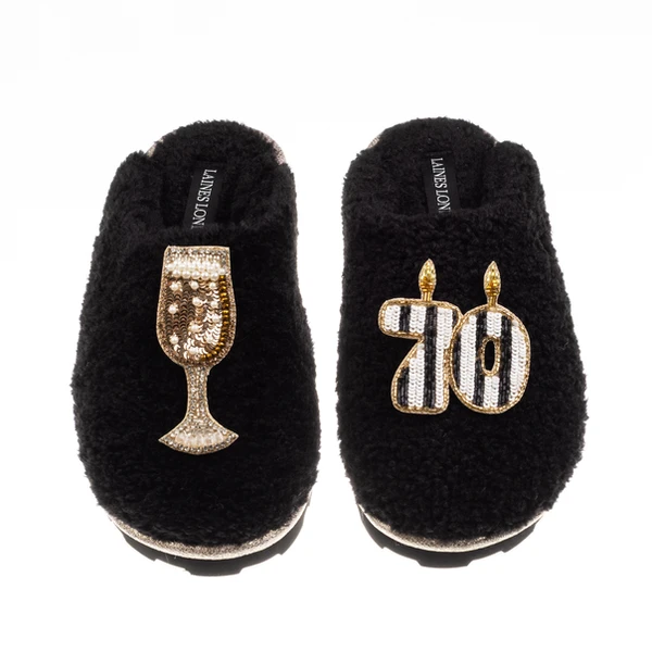 Laines London Teddy Closed Toe Slippers With Stripe 70th Birthday & Champagne Glass Brooches