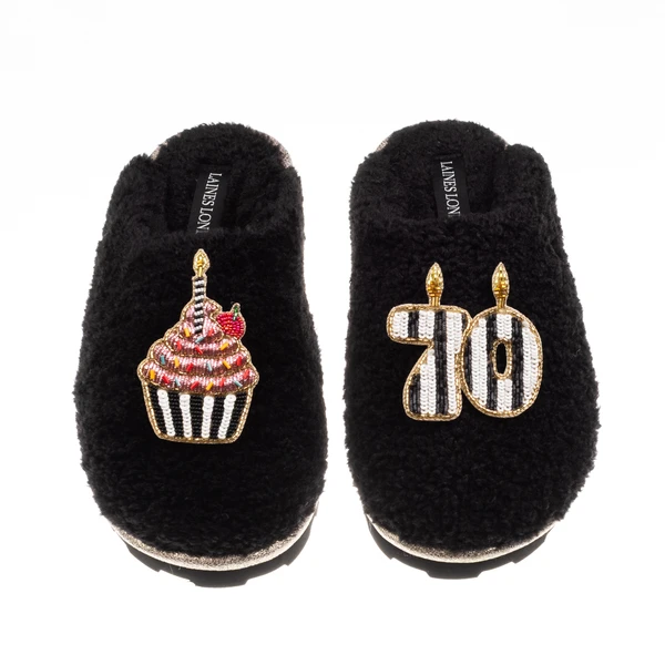 Laines London Teddy Closed Toe Slippers With Stripe 70th Birthday & Brooches