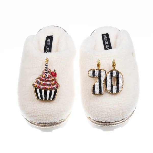 Laines London Teddy Closed Toe Slippers With Stripe 70th Birthday & Brooches