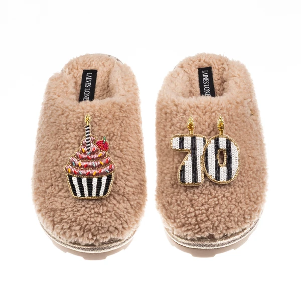 Laines London Teddy Closed Toe Slippers With Stripe 70th Birthday & Brooches
