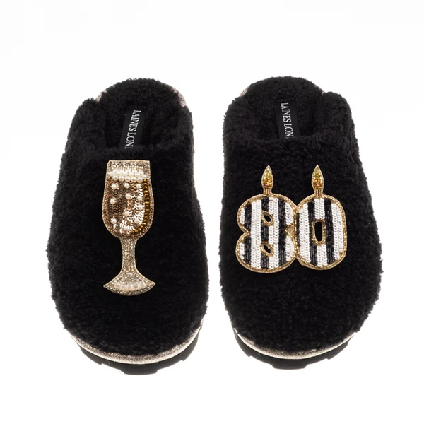 Laines London Teddy Closed Toe Slippers With Stripe 80th Birthday & Champagne Glass Brooches