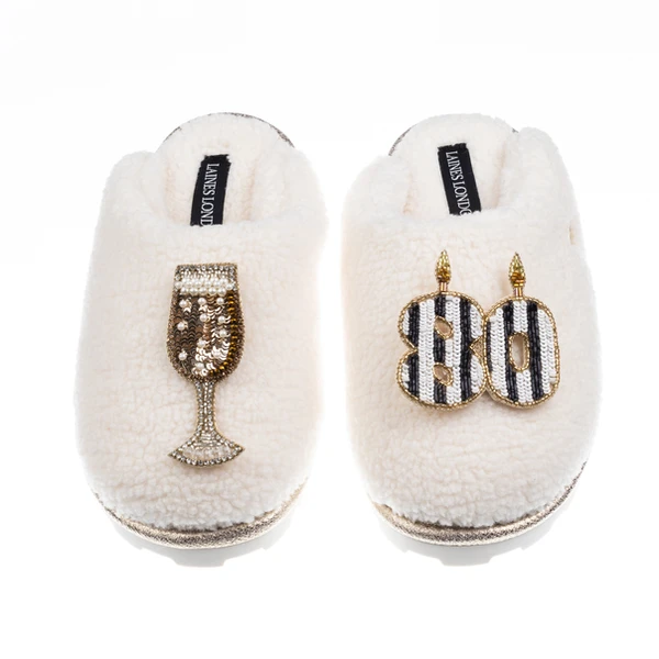 Laines London Teddy Closed Toe Slippers With Stripe 80th Birthday & Champagne Glass Brooches