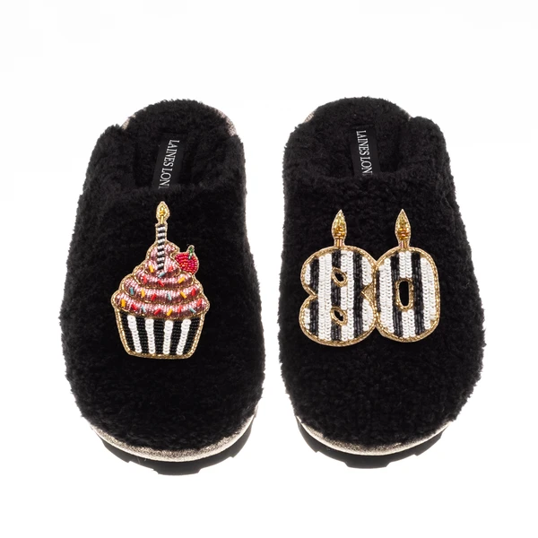 Laines London Teddy Closed Toe Slippers With Stripe 80th Birthday & Brooches
