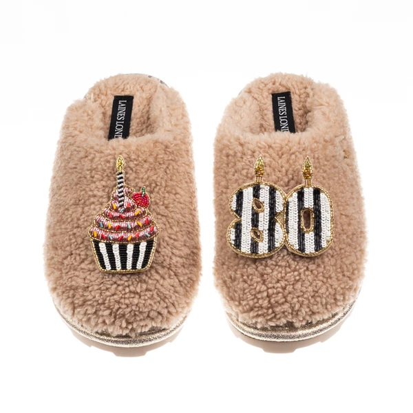 Laines London Teddy Closed Toe Slippers With Stripe 80th Birthday & Brooches