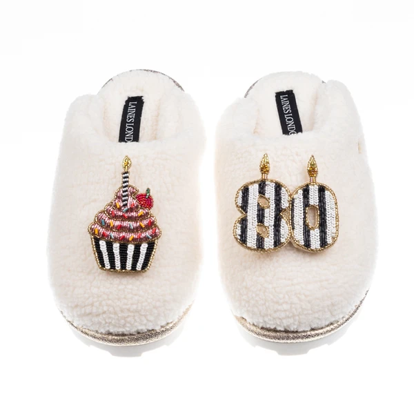 laines london Teddy Closed Toe Slippers With Stripe 80th Birthday & Brooches