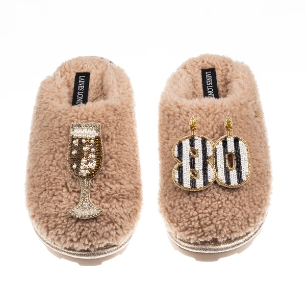 laines london Teddy Closed Toe Slippers With Stripe 80th Birthday & Champagne Glass Brooches