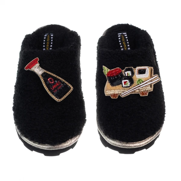 Laines London Teddy Closed Toe Slippers With Sushi & Soy Sauce Brooches